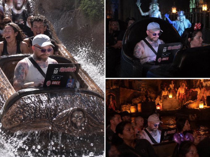 A collage shows a man with a cap, sunglasses, and tattoos riding a log flume ride and seated in a dark ride with a sticker reading 'OBEY'.
