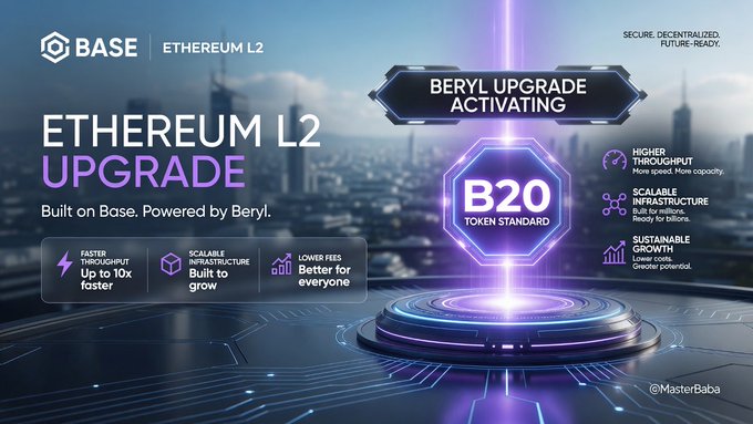 A futuristic promotional graphic announcing the "Ethereum L2 Upgrade" with "Base" and "Ethereum L2" branding, featuring the "Beryl Upgrade Activating" and "B20 Token Standard" alongside highlighted benefits like "Up to 10x faster" throughput, "Scalable Infrastructure," and "Lower Fees."

The image visually reinforces the post's message by showcasing Base's upcoming Beryl/B20 upgrade milestones (faster speeds, scalable infrastructure, lower fees) as the technical foundation driving the bullish sentiment on Base and $ETH.