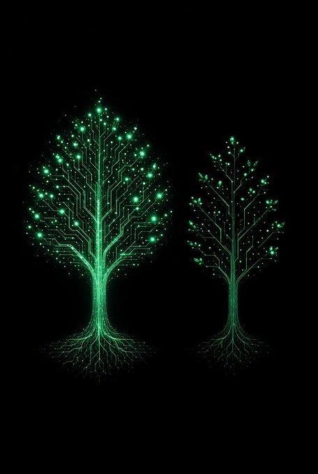 Two stylized trees composed of glowing green circuit board patterns with illuminated nodes on a black background, their branches and root systems formed from digital circuitry lines.