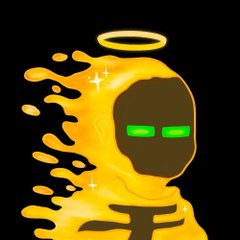A digital artwork depicts a glowing yellow hooded figure with a golden halo above its head and bright green rectangular eyes set against a black background.