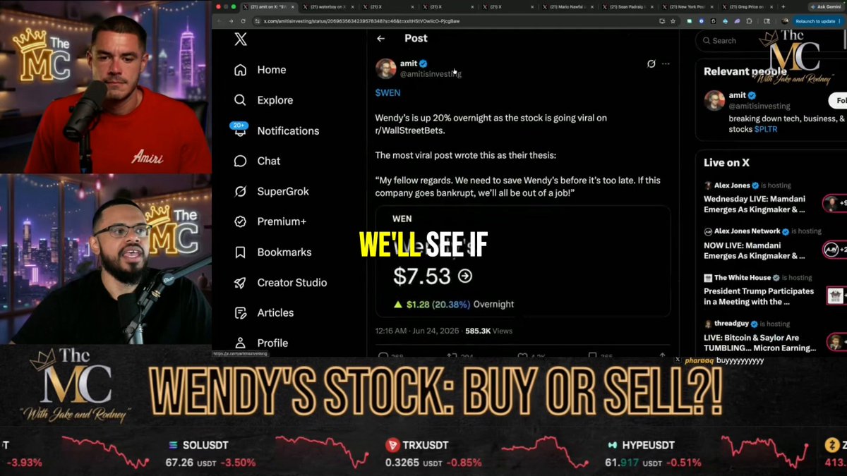The image shows a post discussing whether or not Wendy's, a brand name, is the next big stock. The post includes two men talking about this subject, with one man saying that he has been waiting for a new company called Wendy's to become a major player in the market and that it may be time to invest in it. Another person counters by stating that there are other factors affecting the market besides just the introduction of a new brand. The post also includes some text about stock buying or selling, with references to stocks like $GME (Greatest Market Exchange) and the price of bitcoin.