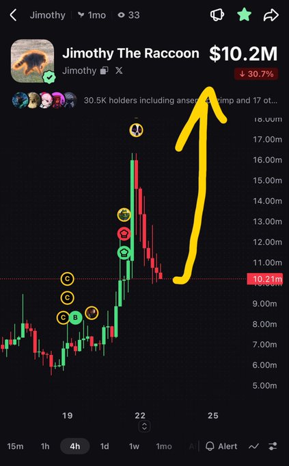 Trading chart screenshot for 'Jimothy The Raccoon' token showing a market cap of $10.2M (down 30.7%) with a hand-drawn yellow arrow pointing upward highlighting a recent price spike.