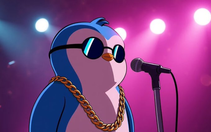 A cartoon penguin wearing sunglasses and a gold chain sings into a microphone on a stage with bright pink lighting.