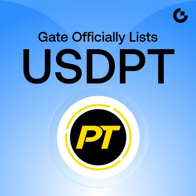 A promotional graphic announces that Gate has officially listed USDPT, featuring a blue gradient background with the text "Gate Officially Lists USDPT" above a circular "PT" logo. The image aligns with the announcement about the new stablecoin USDPT joining Gate's trading platform, with the Gate logo visible in the top right corner.