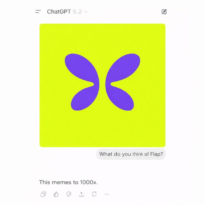 The image shows a ChatGPT 5.2 interface featuring a bright yellow-green square with a purple butterfly-like logo, where a user asked "What do you think of Flap?" and the AI replied "This memes to 1000x." This relates to the post about the Flap meme coin ($MEMES) at contract address 0x0be3b870cd4fba2d14885c2a572ea9eac32c7777, suggesting ChatGPT's bullish 1000x prediction supports the poster's excitement about the token's potential despite its small 30k market cap.