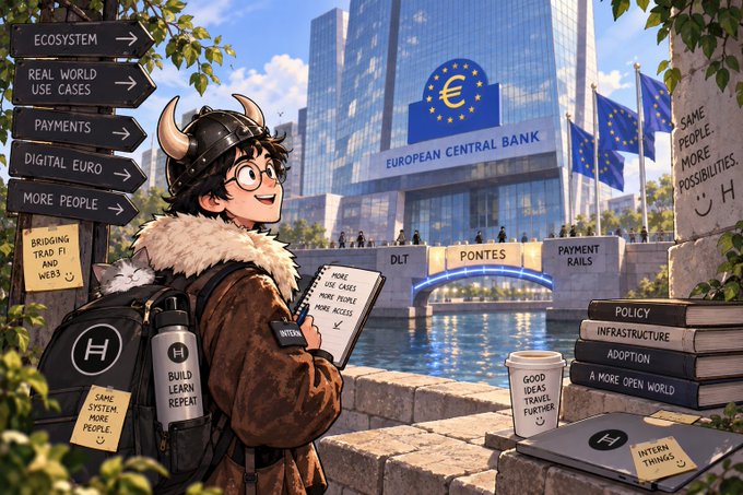 A digital illustration shows a viking-helmeted character holding a notebook, standing before a building labeled 'EUROPEAN CENTRAL BANK' with EU flags; signs read 'ECOSYSTEM,' 'PAYMENTS,' 'DIGITAL EURO,' 'DLT,' and 'POLICY INFRASTRUCTURE ADOPTION.'