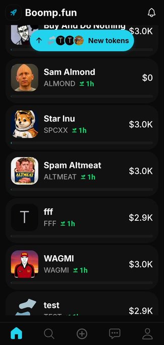 A mobile app screenshot of 'Boomp.fun' displaying various tokens including 'Sam Almond' ($0), 'Star Inu' ($3.0K), 'Spam Altmeat' ($3.0K), 'fff' ($2.9K), 'WAGMI' ($3.0K), and 'test' ($2.9K), with a 'New tokens' button at the top.