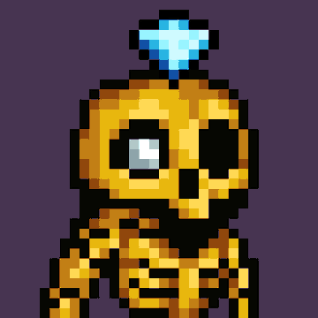 A pixel art skeleton wearing a yellow robe and a blue gem on its head against a dark purple background.