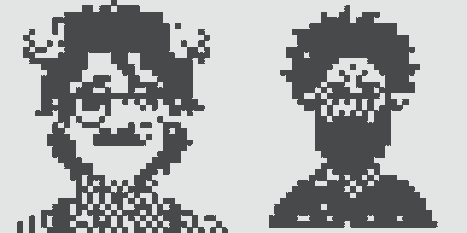 Two pixel art portraits in a black and white color scheme, showing a person with curly hair on the left and another with a wide smile on the right.