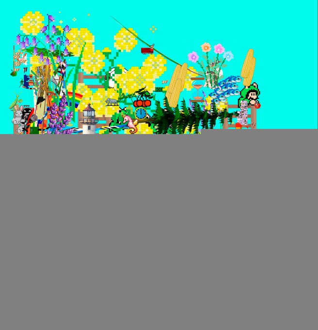 A colorful, cluttered pixel art scene featuring flowers, plants, and small characters against a bright cyan sky, with a large solid gray block covering the lower portion.