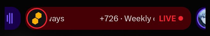 A horizontal banner shows a red circular logo with a hexagonal symbol next to the text "/ays", followed by "+726 · Weekly" and a "LIVE" indicator with a red dot.