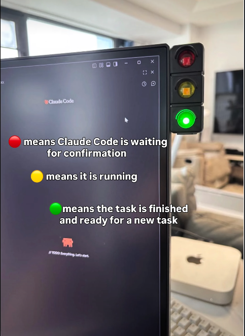 A photo showing a USB traffic light device next to a monitor displaying Claude Code, with text explaining: red means waiting for confirmation, yellow means running, and green means the task is finished.