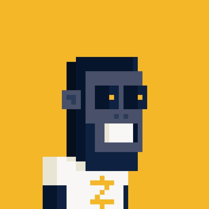 A pixel art illustration of a dark gray ape or monkey character with an open mouth, wearing a white shirt with a gold dollar sign symbol against a solid orange background.