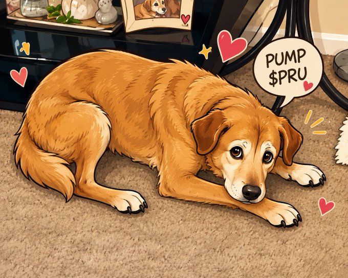 A cartoon dog lying on a carpet with a speech bubble reading "$PRU PRU" surrounded by heart emojis. The illustration promotes the $PRU token's Pump.fun launch on the Solana blockchain, using the dog imagery for a playful branding effect.