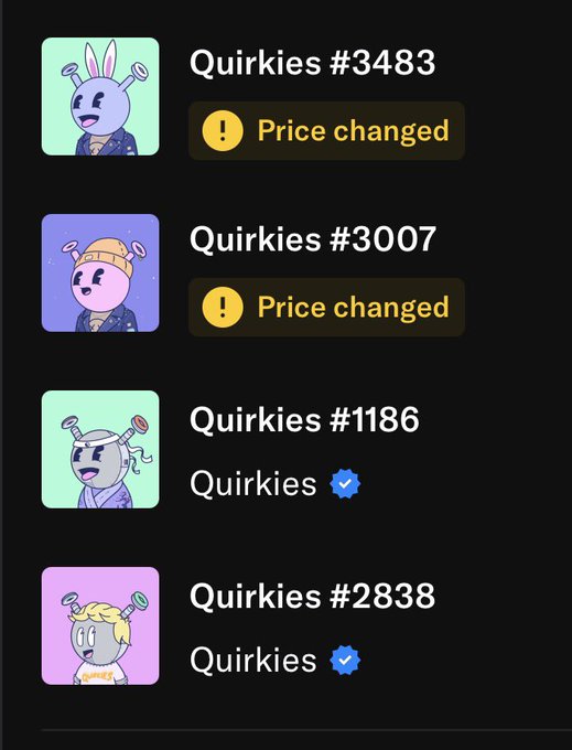 A list of NFTs showing 'Quirkies #3483' and 'Quirkies #3007' with 'Price changed' warnings, along with 'Quirkies #1186' and 'Quirkies #2838' marked as official Quirkies with blue checkmarks.