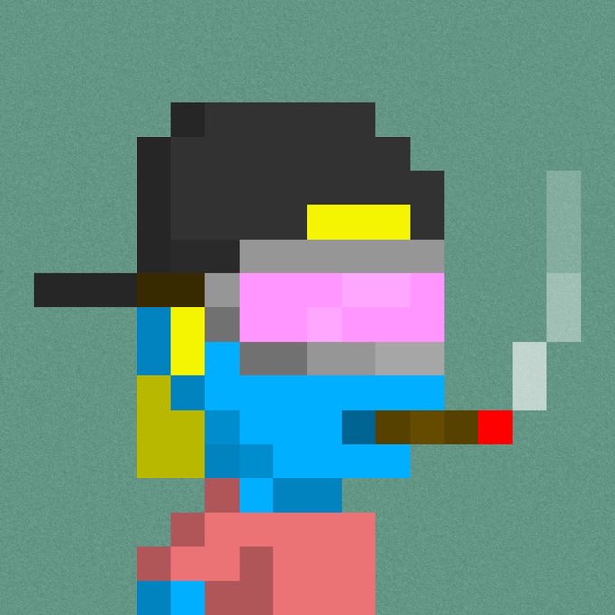Pixel-art artwork of a person in a blue outfit, black hat, and pink visor aiming a long firearm to the right against a muted green background.