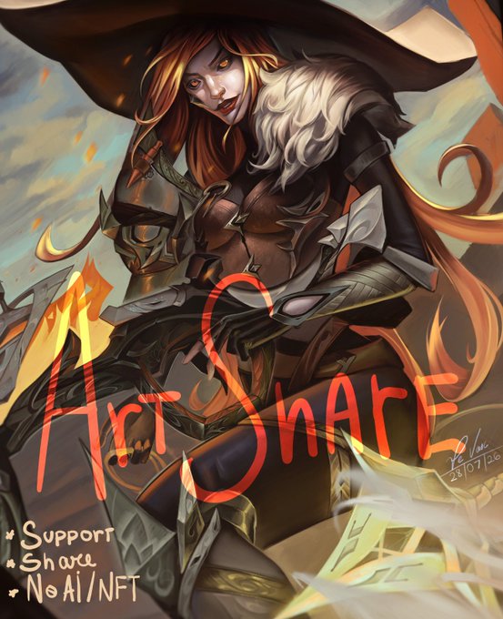 Digital artwork of a fiery-haired witch in a wide-brimmed hat and dark robes holding a sword, with the stylized text "Art Share" overlaid along with notes reading "Support," "Share," and "No AI/NFT," signed "Rolnie 28/07/26."