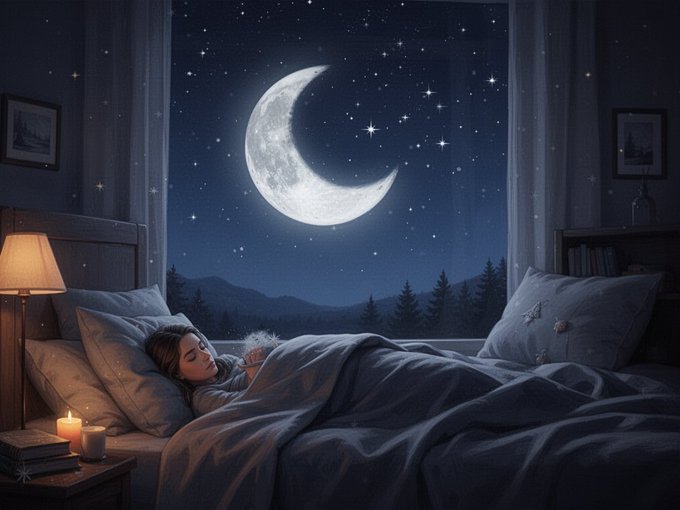 The image features a woman sleeping peacefully in bed at night, with a large moon visible through her window. The scene also includes a crescent moon and stars above her head, creating a serene atmosphere. In the background, there are two lamps on either side of the bed, providing soft lighting to the room. The image is accompanied by text that provides information about Bitcoin Cashback, a crypto card for real BTC cashback, and the development of an AI-ready L1 subchain called Chromia.