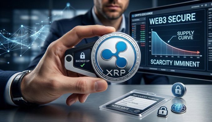 A hand holds an XRP coin and a hardware wallet marked 'BACKED UP' in front of a monitor displaying 'WEB3 SECURE,' 'SUPPLY CURVE,' and 'SCARCITY IMMINENT.'
