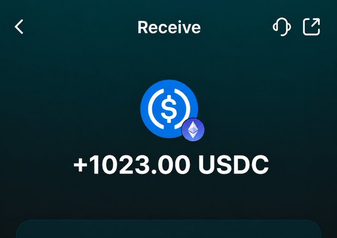 A cryptocurrency wallet "Receive" screen displays a transaction notification of "+1023.00 USDC" with USDC and Ethereum logos, illustrating the earning potential mentioned in the post about profiting $500-1k from NFT trading.
