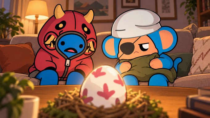 Two cartoon characters, one in a red devil hoodie and another in blue with a white cap, sitting on a couch behind an egg in a nest.