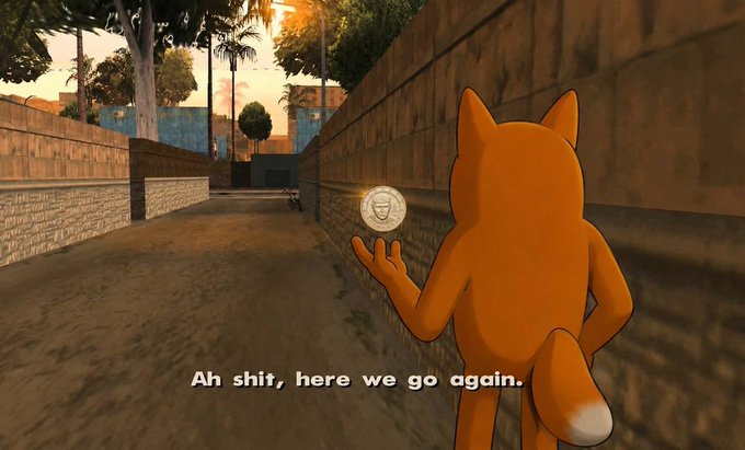 An orange cartoon cat tosses a coin in an alleyway, with the subtitle "Ah shit, here we go again." echoing the post's "time to run it back?" as a nod to repeating the same risky move.