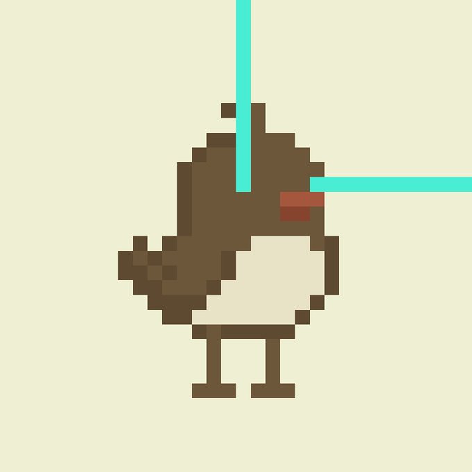 A simple pixel art rendering shows a brown, rounded character with a small tail and short legs against a beige background, with a bright cyan line crossing over it.