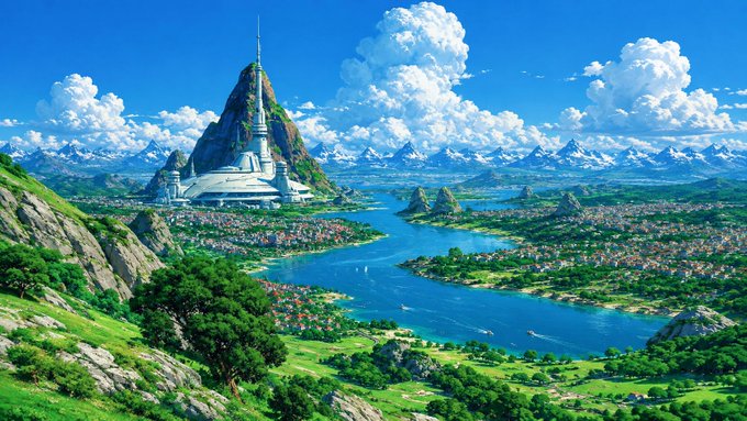 A vibrant digital fantasy landscape featuring a futuristic white city built into a mountain, surrounded by green valleys, lakes, and distant snow-capped peaks under a blue sky.