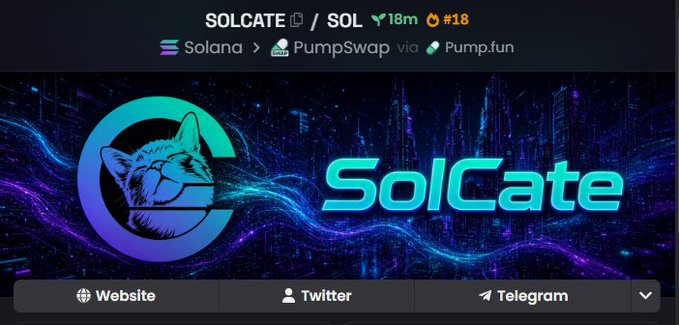 A cryptocurrency banner for SOLCATE on Solana via PumpSwap/Pump.fun, featuring a cat logo and links to Website, Twitter, and Telegram.