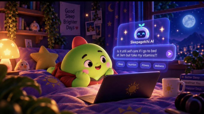 A 3D-rendered illustration of a cute green character on a bed at night, using a laptop to interact with a 'Sleepagotchi AI' chatbot that asks 'Is it still self care if I go to bed at 3am but take my vitamins?!'