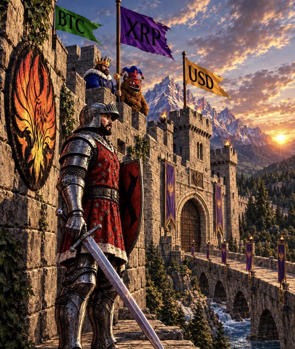 A digital fantasy artwork of a knight in armor guarding a castle, with flags labeled 'BTC', 'XRP', and 'USD' flying above.