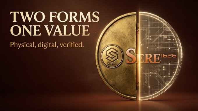 A gold coin and its digital twin are split down the middle, with the physical side displaying a "SERe 1626" emblem and the digital side rendered as a glowing circuit-board design, illustrating the post's message that each replica is paired with an NFT to prove combined physical and digital authenticity. The tagline "Two Forms One Value – Physical, digital, verified" reinforces that a single verified asset bridges tangible craft with on-chain ownership.