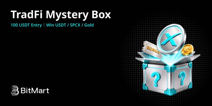 The image features a poster for a trading challenge called "TradFi Mystery Box" that takes place from June 18th through July 15th, with a prize of 100 USDT entry. The poster includes a blue box containing three coins and a gold coin, along with a question mark symbolizing the mystery element of the challenge. The post also mentions that there is an opportunity to win USDT, SPCX or gold rewards for participating in this trading activity on BitMart.