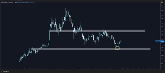 A TradingView chart displays a cryptocurrency's price action showing a sharp rally followed by a decline, with two horizontal support zones highlighted as gray bands—one near the recent lows (circled in yellow) and another higher up—illustrating the bearish prediction that the price will continue falling as a "deadcat bounce" back toward zero, consistent with the post's dismissive view of the asset as a "scammer coin."