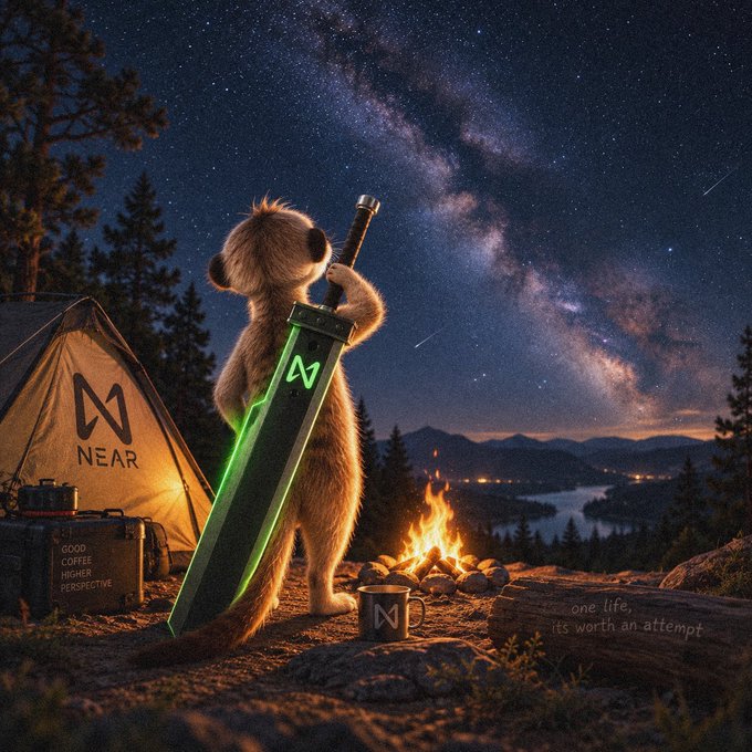 An AI-generated scene of a fluffy dog standing by a campfire holding a glowing green 'NEAR' sword, with a tent, milky way sky, and text 'one life, it's worth an attempt'.