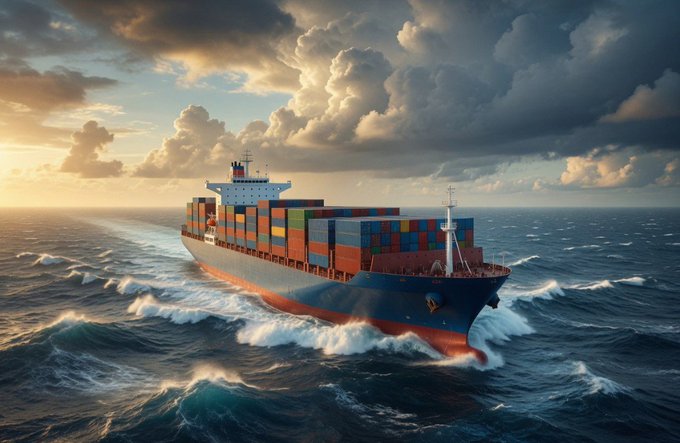 A digital artwork depicting a large cargo ship loaded with multicolored shipping containers sailing through choppy ocean waters under a dramatic sky filled with clouds.