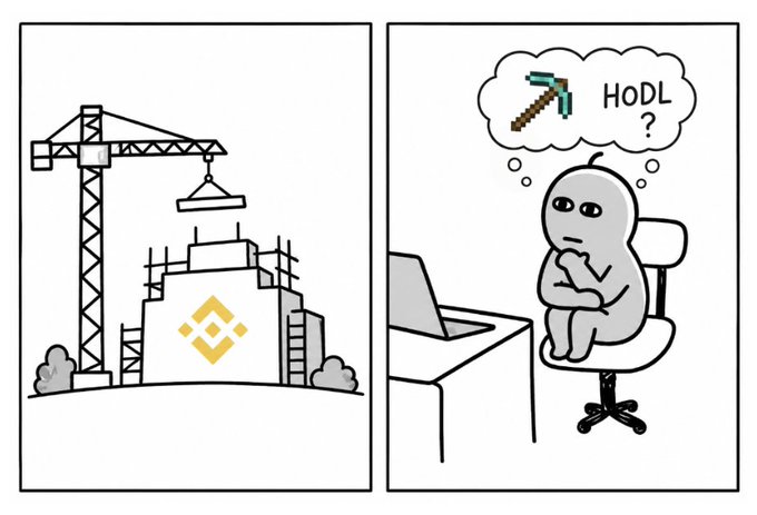 A two-panel comic illustration showing a construction crane building a Binance-branded tower, and a meme character sitting at a laptop contemplating 'HODL?' with a pickaxe thought bubble.