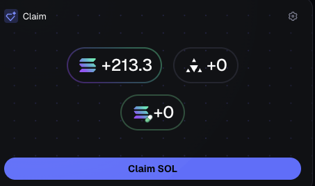 The image shows a "Claim" interface from what appears to be a cryptocurrency exchange, displaying three reward amounts: +213.3 SOL (highlighted), +0 of another token, and +0 of a third token, with a "Claim SOL" button at the bottom. This relates to the post as it depicts the unexpected bonus or airdrop of 213.3 SOL (approximately $25k) that was sent to the user without explanation, which they are now prompted to claim.