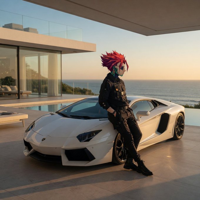 An anime-style character with spiky red hair and sunglasses leans against a white Lamborghini Aventador parked on the terrace of a modern oceanfront villa at sunset.