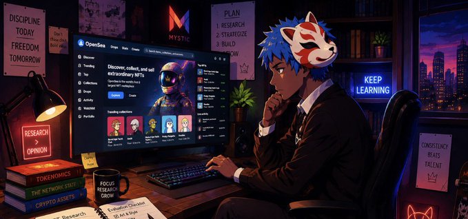 An anime-style illustration of a person wearing a fox mask sitting at a desk in front of a computer displaying OpenSea, with motivational posters like 'DISCIPLINE TODAY FREEDOM TOMORROW' and 'KEEP LEARNING' on the walls.