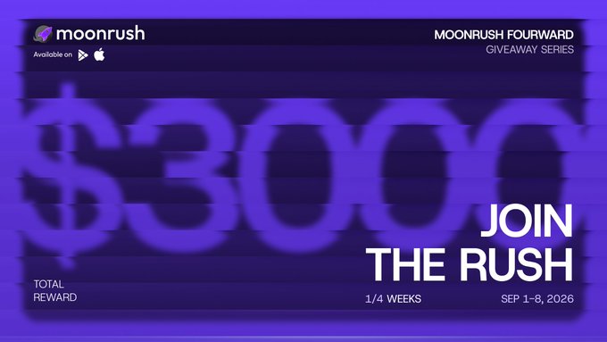 A promotional graphic with purple background featuring the Moonrush logo, advertising 'MOONRUSH FOURWARD GIVEAWAY SERIES', a 'TOTAL REWARD' of '$300', and text reading 'JOIN THE RUSH' with timing '1/4 WEEKS SEP 1-8, 2026'.