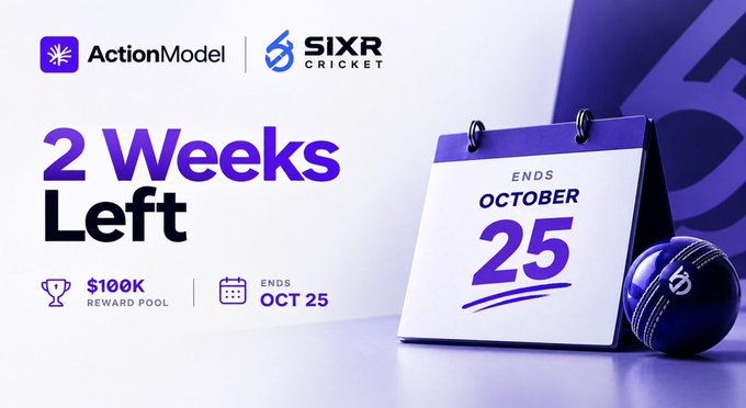 A promotional graphic for an ActionModel and SIXR Cricket competition, announcing '2 Weeks Left' with a $100K reward pool, ending October 25.