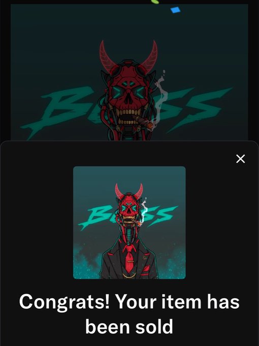 A dark digital artwork of a red horned skull character smoking a cigarette with 'BOSS' text, accompanied by a pop-up notification reading 'Congrats! Your item has been sold'.