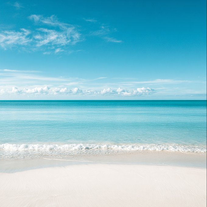 A serene photograph of a turquoise ocean with white waves washing onto a sandy beach under a blue sky with scattered clouds.