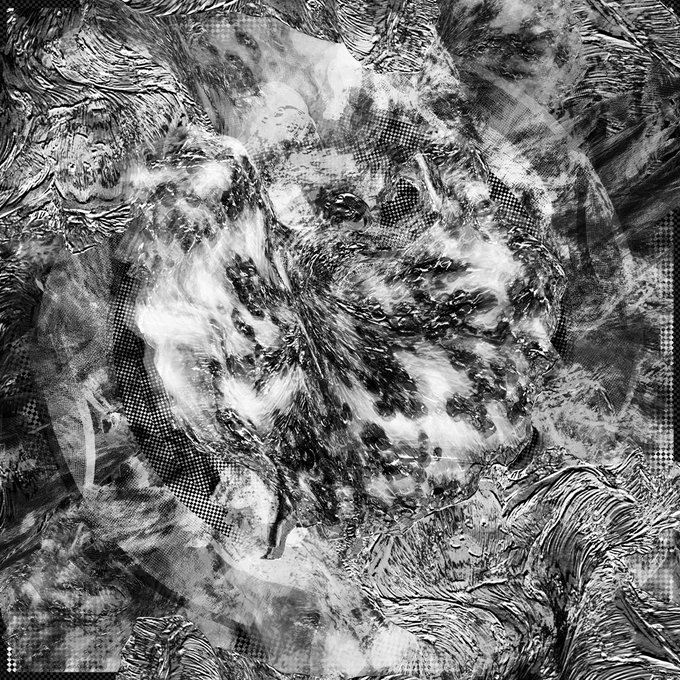 A black-and-white abstract digital artwork with swirling, glitchy textures and halftone patterns.