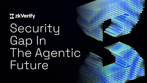 A dark graphic for zkVerify displays the text 'Security Gap In The Agentic Future' next to a 3D pixelated design resembling the letter 'S'.