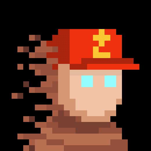 A pixel art portrait of a character with a red and yellow cap, cyan eyes, and a body that appears to be disintegrating or glitching into brown blocks on the left side, set against a black background.