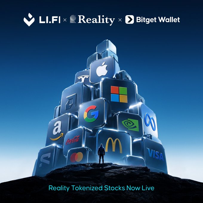 A promotional graphic for LI.FI, Reality, and Bitget Wallet showing a pyramid of glowing blocks displaying major corporate logos (Apple, Google, Amazon, McDonald's, Visa, etc.) with the text 'Reality Tokenized Stocks Now Live'.