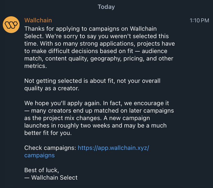 The image shows a text message on someone's phone discussing their experience with Wallchain. The person has received a rejection or an "ups" message, indicating they were not selected for something or did not meet certain criteria. This situation is relevant to the discussion about campaigns in the Wallchain app, as the message implies that the person may have dropped their price to apply and was rejected based on factors such as competition, quality, or other reasons. The image captures this context by depicting a phone screen with a conversation, likely involving an interaction with someone from the Wallchain app development team or another individual involved in the app's operation.