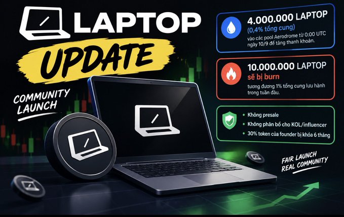 A promotional graphic titled 'LAPTOP UPDATE COMMUNITY LAUNCH' features a laptop and token graphic, alongside text boxes in Vietnamese and English detailing supply information like '4,000,000 LAPTOP' and '10,000,000 LAPTOP'.